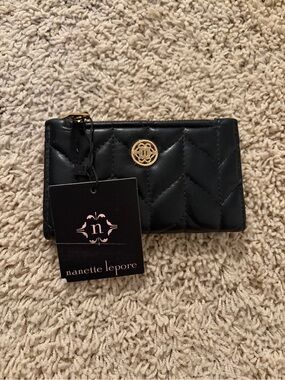 Nanette Lepore Black Quilted Leather Card Case with Gold Emblem